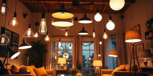 Various stylish light bulbs in a cozy living room.