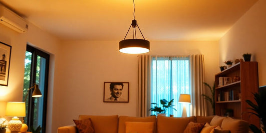 A beautifully lit living room with stylish pendant lights.