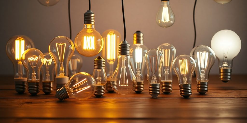 Variety of shop light bulbs on a wooden surface.