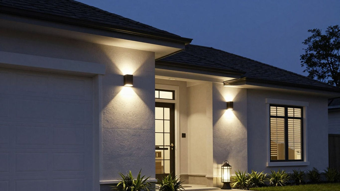 Stylish exterior lighting fixtures illuminating a modern home at dusk.