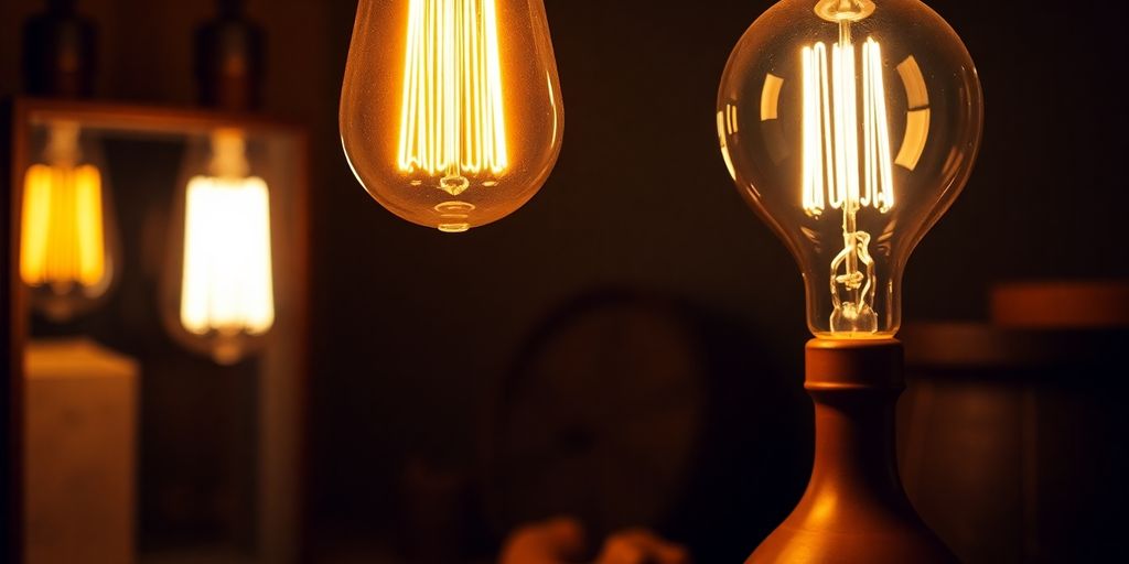 Vintage LED filament bulb B22 glowing warmly in a room.