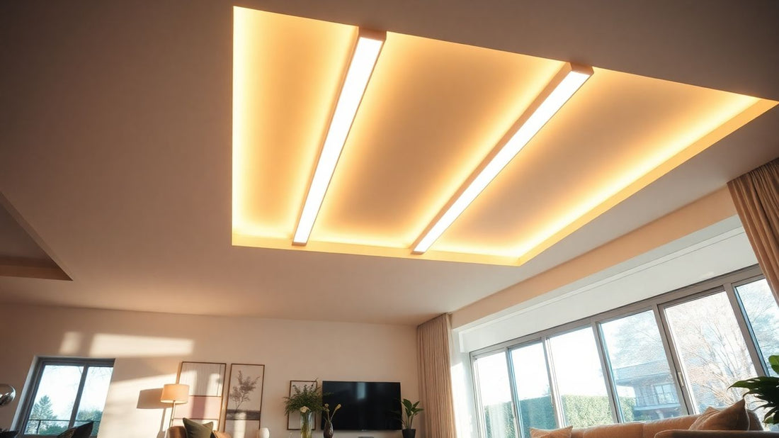Modern living room illuminated by bright LED tube lights.