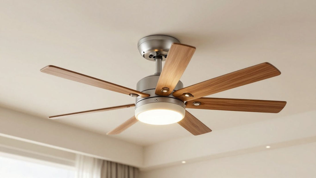 Stylish ceiling fan with lights in a modern living room.