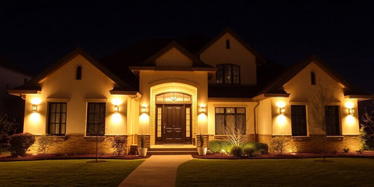 Beautifully lit house exterior at night.