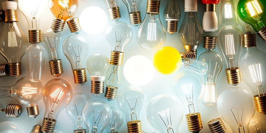 Various types of lightbulbs in different shapes and colours.