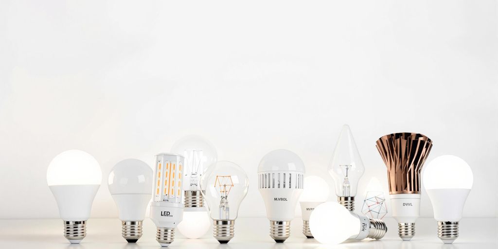 Variety of light bulbs in different shapes and sizes.