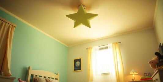 Children's bedroom with vibrant star-shaped ceiling light.