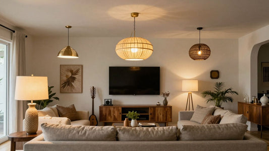Stylish lamps illuminating a cozy living room interior.