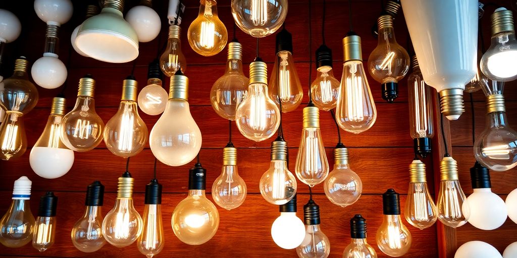 Various light bulbs displayed on a wooden shelf.