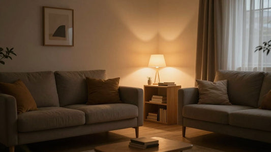 Interior lighting design with ambient and task lighting.