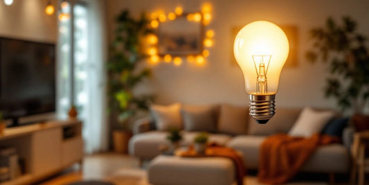 E27 light bulb in a cosy living room setting.