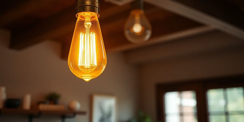 Vintage Edison E27 light bulb illuminating a rustic setting.