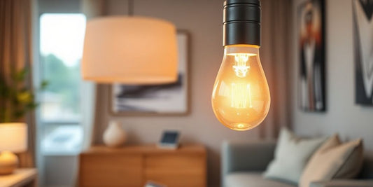 Dimmable smart bulb glowing in a modern living room.