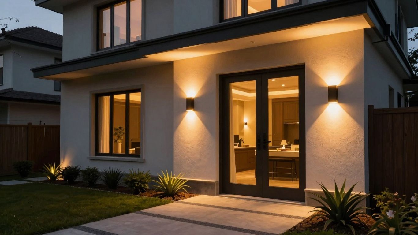 Stylish exterior lights illuminating a modern house at dusk.