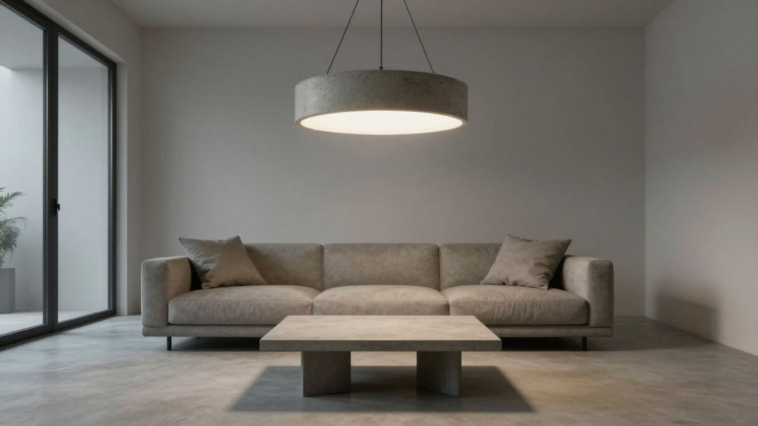 Concrete pendant light fixture in a modern room.