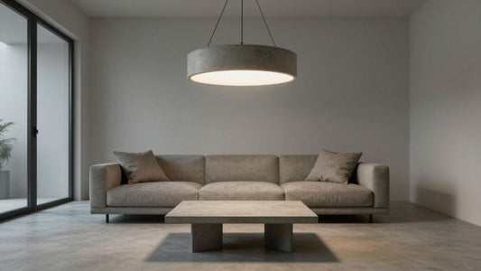 Concrete pendant light fixture in a modern room.