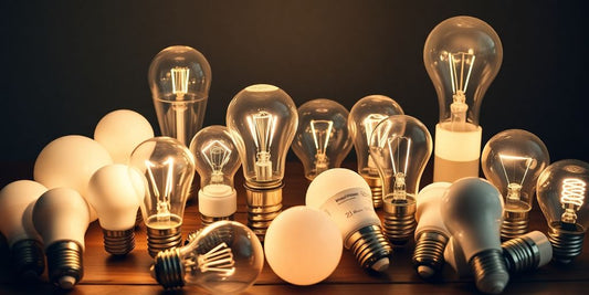 Different types of light bulbs on a wooden table.