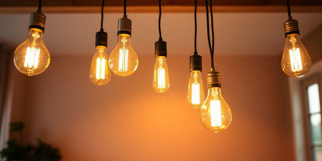 Dimmable Edison LED bulbs illuminate a cozy living room.