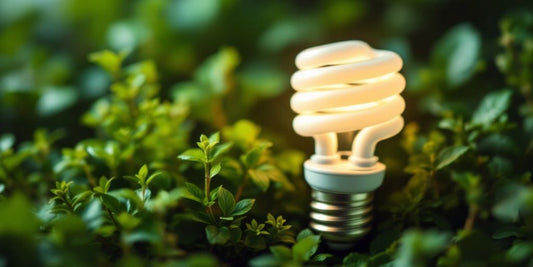 CFL light bulb surrounded by green plants.