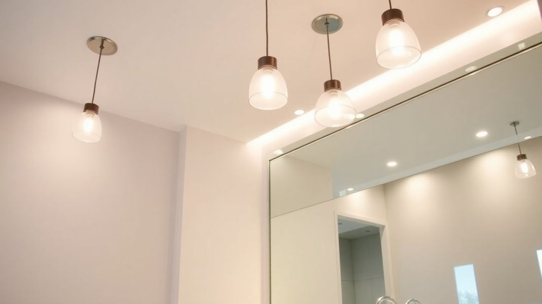 Modern bathroom with elegant pendant and ceiling lights.