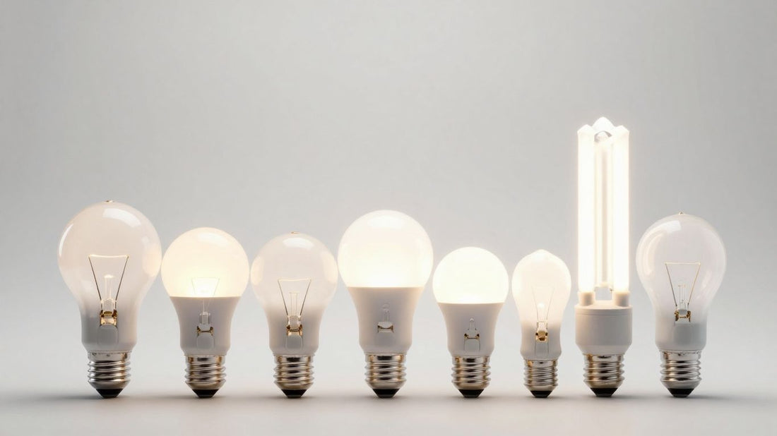 Various UK light bulb types displayed together.