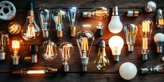 Variety of light bulbs on a wooden surface.