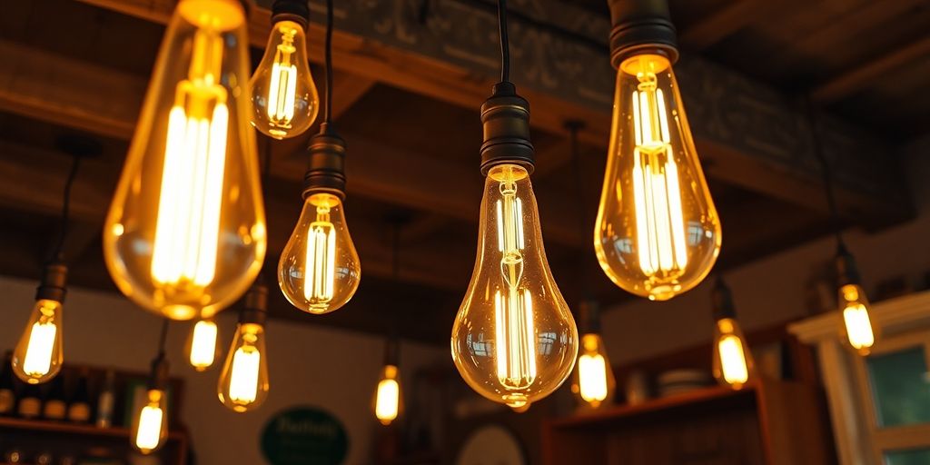 Warm Edison bulbs glowing in a rustic interior setting.