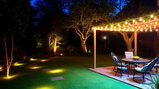 Garden lit up at night with lights.