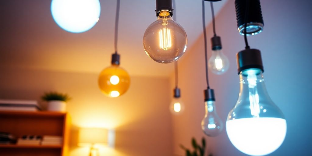 Bright LED bulbs illuminating a cozy home interior.