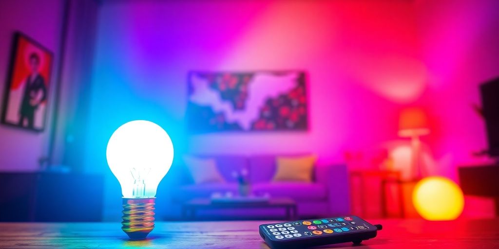 Colourful RGB light bulb with remote in a cosy room.