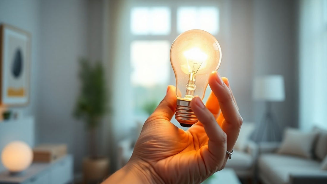 Hand holding a glowing LED light bulb in a home.