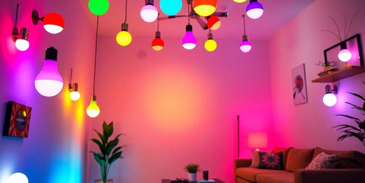 Colourful RGB smart bulbs glowing in a stylish room.