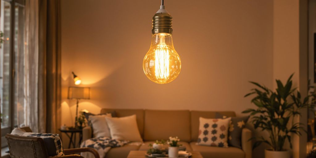Giant E27 bulb illuminating a stylish living space.