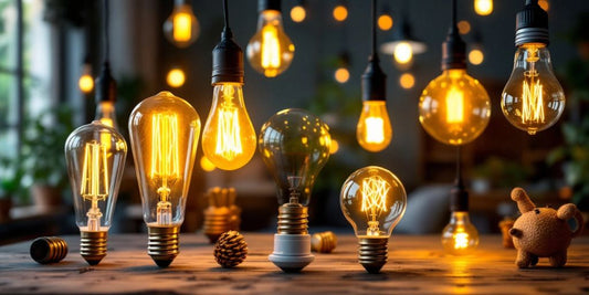 Various light bulbs glowing in a cozy home setting.