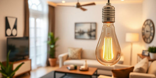 Dimmable LED filament bulb illuminating a cozy room.