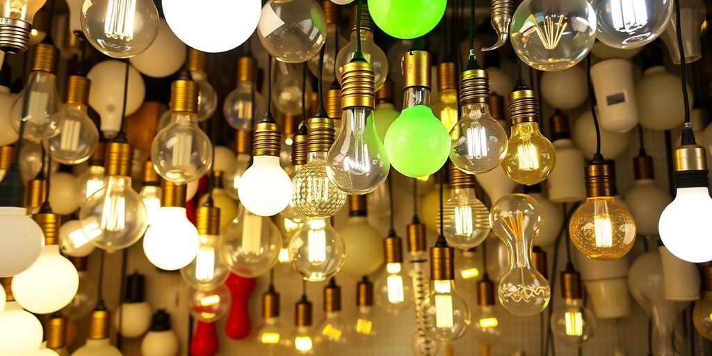 Variety of light bulbs in a shop display.