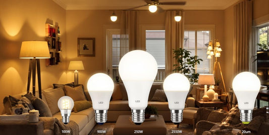 Warmly lit home interior with various LED bulb types.