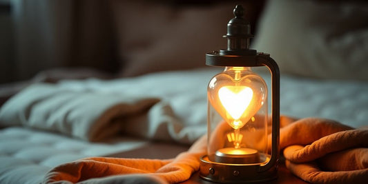 Heart-shaped lamp glowing warmly on a stylish table.