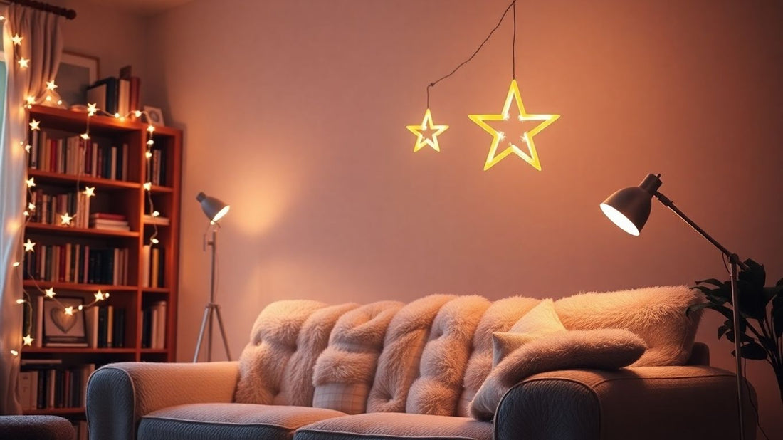 Cosy living room with warm fairy lights and star-shaped lights.