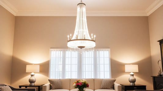 Stylish chandelier and lamps illuminating a modern living room.