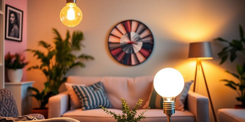 Cozy living room with warm halogen globe bulbs.