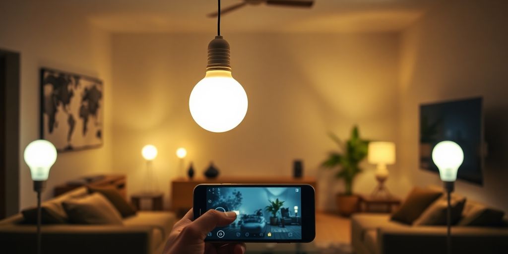 Smart light bulbs in a modern living room.