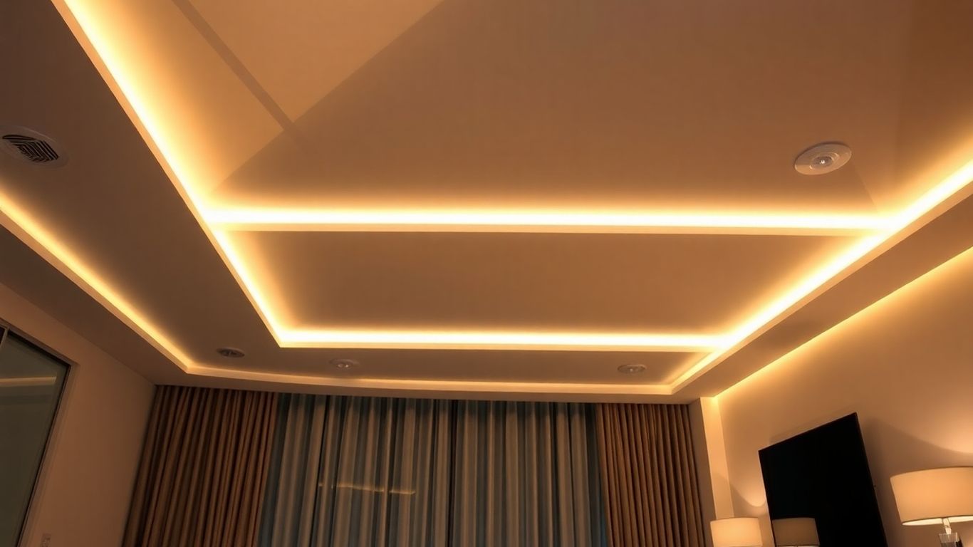 Bedroom ceiling with integrated LED strip lights.
