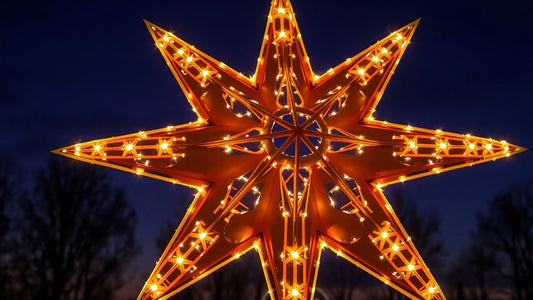 Illuminated outdoor Christmas star decoration at twilight.