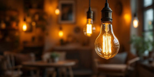 Vintage Edison E27 bulbs glowing warmly in a room.