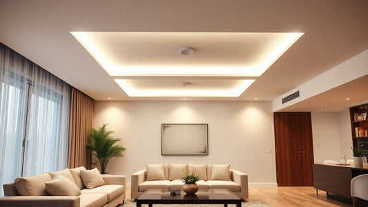 Modern living room with bright LED ceiling lights.