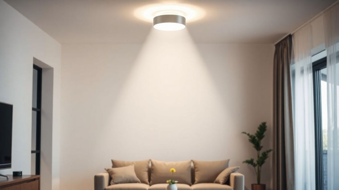 Modern ceiling light illuminating a living room.