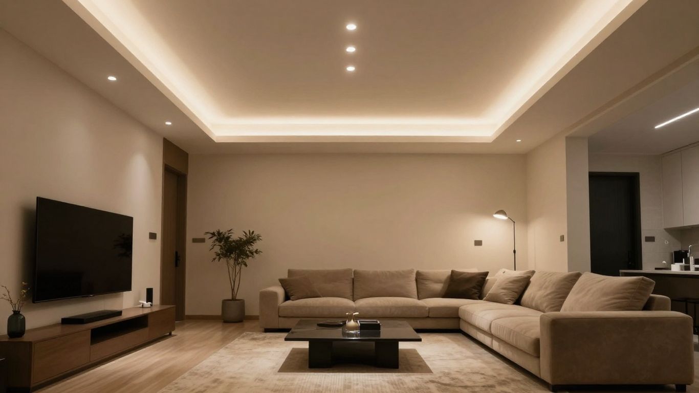 Modern ceiling with bright, integrated LED lights.
