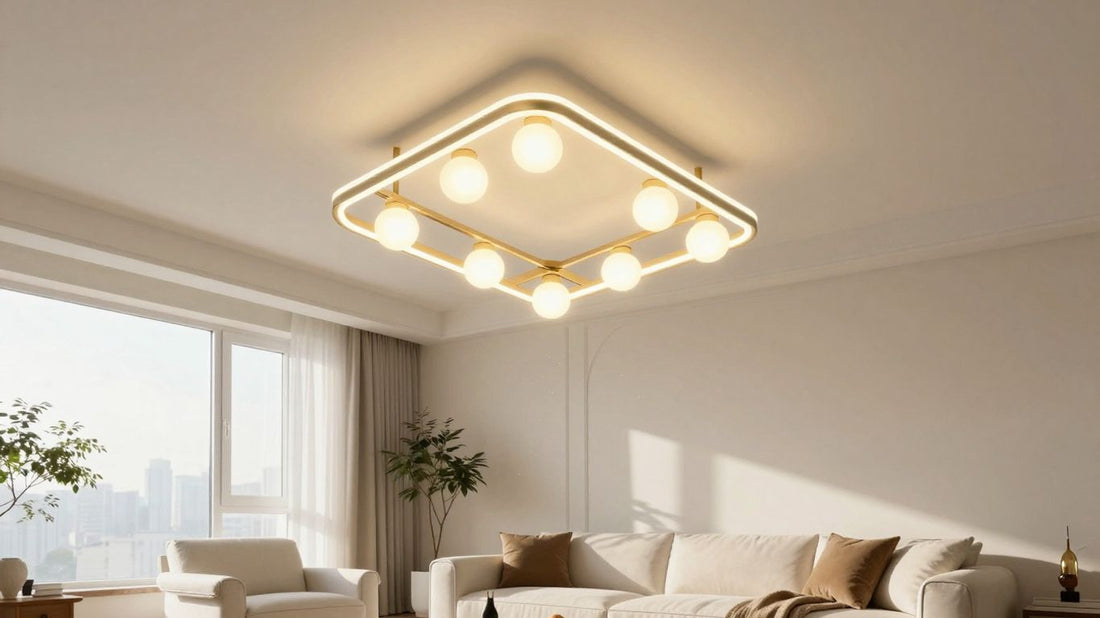 Modern living room with a stylish geometric ceiling lamp.