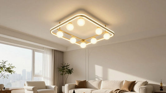 Modern living room with a stylish geometric ceiling lamp.